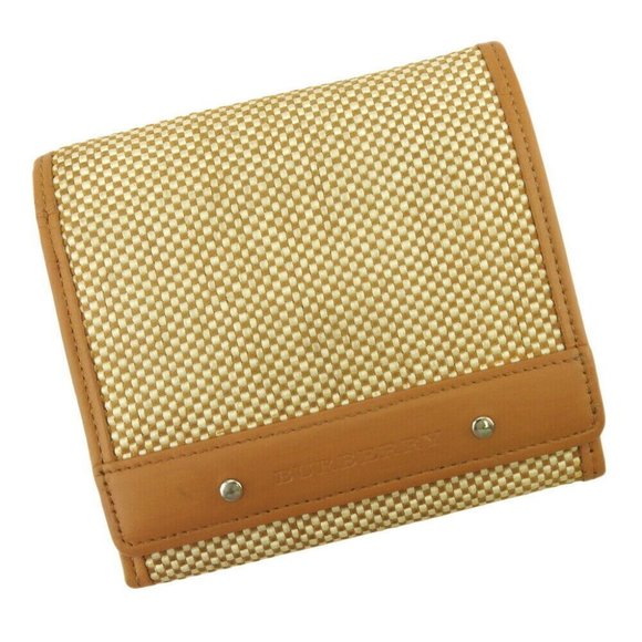 BURBERRY two-fold wallet logo beige canvas �~ leather Authentic - Picture 7 of 8